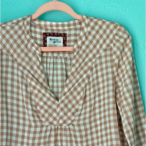 Anthropologie Gingham Holding Horses 100% Cotton V Neck Top - Picture 1 of 5